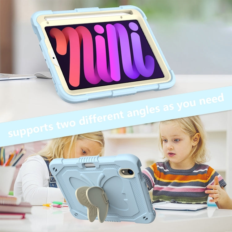 For iPad mini 6 / mini 2024 Beige PC + Silicone Anti-drop Protective Tablet Case with Butterfly Shape Holder & Pen Slot(Beige + Ice Crystal Blue) - iPad mini 6 Cases by buy2fix | Online Shopping UK | buy2fix