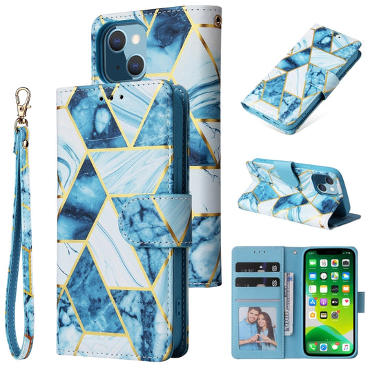 For iPhone 13 Marble Bronzing Stitching Horizontal Flip PU Leather Case with Holder & Card Slots & Wallet & Photo Frame(Blue) - iPhone 13 Cases by buy2fix | Online Shopping UK | buy2fix