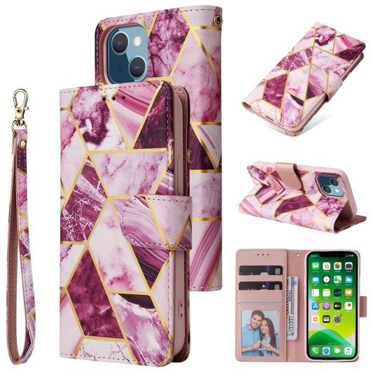 For iPhone 13 Marble Bronzing Stitching Horizontal Flip PU Leather Case with Holder & Card Slots & Wallet & Photo Frame(Purple) - iPhone 13 Cases by buy2fix | Online Shopping UK | buy2fix