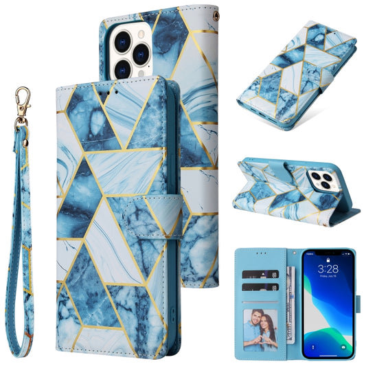 For iPhone 13 Pro Marble Bronzing Stitching Horizontal Flip PU Leather Case with Holder & Card Slots & Wallet & Photo Frame (Blue) - iPhone 13 Pro Cases by buy2fix | Online Shopping UK | buy2fix