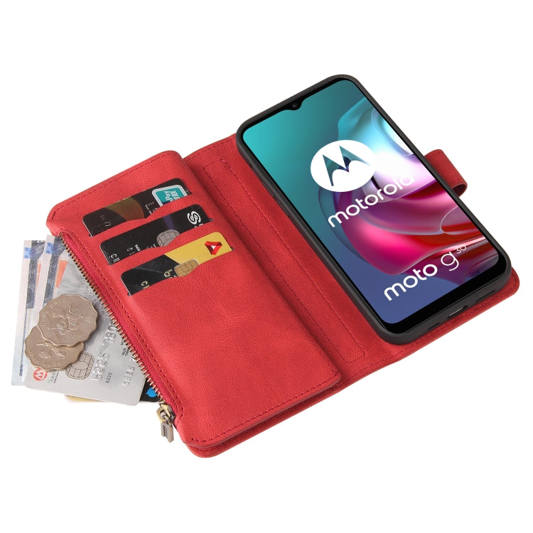 For Motorola Moto G30 Skin Feel PU + TPU Horizontal Flip Leather Case With Holder & 15 Cards Slot & Wallet & Zipper Pocket & Lanyard(Red) - Motorola Cases by buy2fix | Online Shopping UK | buy2fix