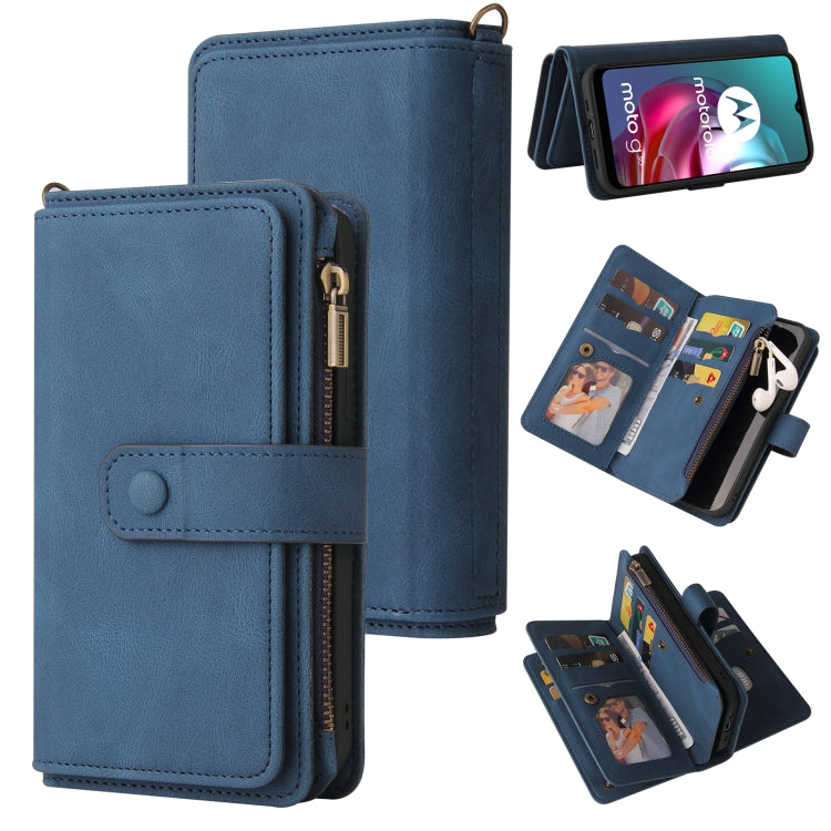 For Motorola Moto G30 Skin Feel PU + TPU Horizontal Flip Leather Case With Holder & 15 Cards Slot & Wallet & Zipper Pocket & Lanyard(Blue) - Motorola Cases by buy2fix | Online Shopping UK | buy2fix