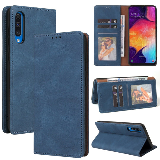 For Samsung Galaxy A50 Simple Suction Closure Horizontal Flip Leather Case with Holder & Card Slot & Wallet(Blue)