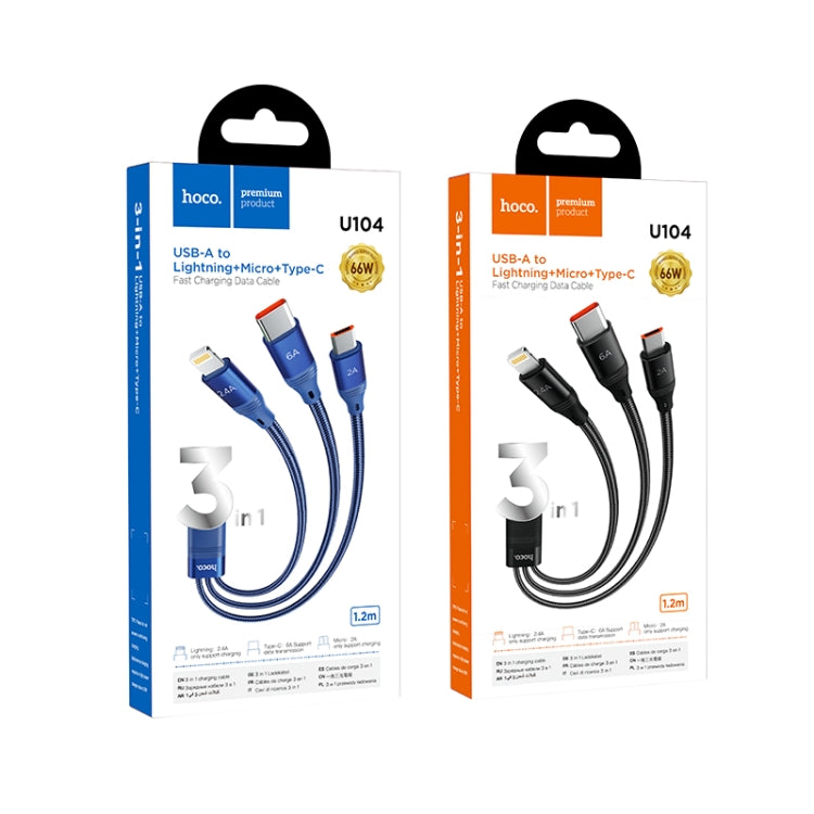 hoco U104 Ultra 3 in 1 6A Fast Charging Data Cable USB to 8 Pin + Micro USB + USB-C / Type-C Cable, Cable Length: 1.2m(Blue) - Multifunction Cable by hoco | Online Shopping UK | buy2fix