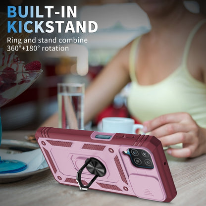 For Samsung Galaxy A12 Sliding Camera Cover Design TPU + PC Protective Case with 360 Degree Rotating Holder & Card Slot(Pink+Dark Red) by buy2fix
