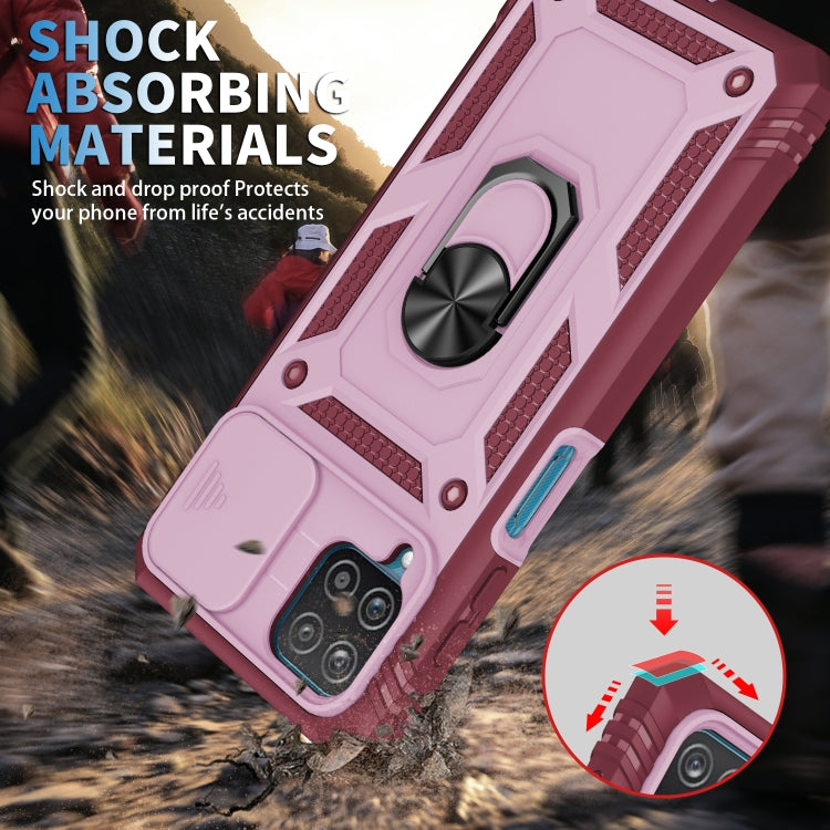 For Samsung Galaxy A12 Sliding Camera Cover Design TPU + PC Protective Case with 360 Degree Rotating Holder & Card Slot(Pink+Dark Red) by buy2fix