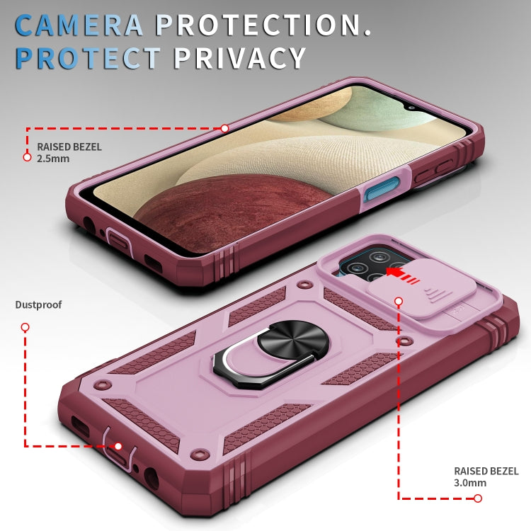 For Samsung Galaxy A12 Sliding Camera Cover Design TPU + PC Protective Case with 360 Degree Rotating Holder & Card Slot(Pink+Dark Red) by buy2fix