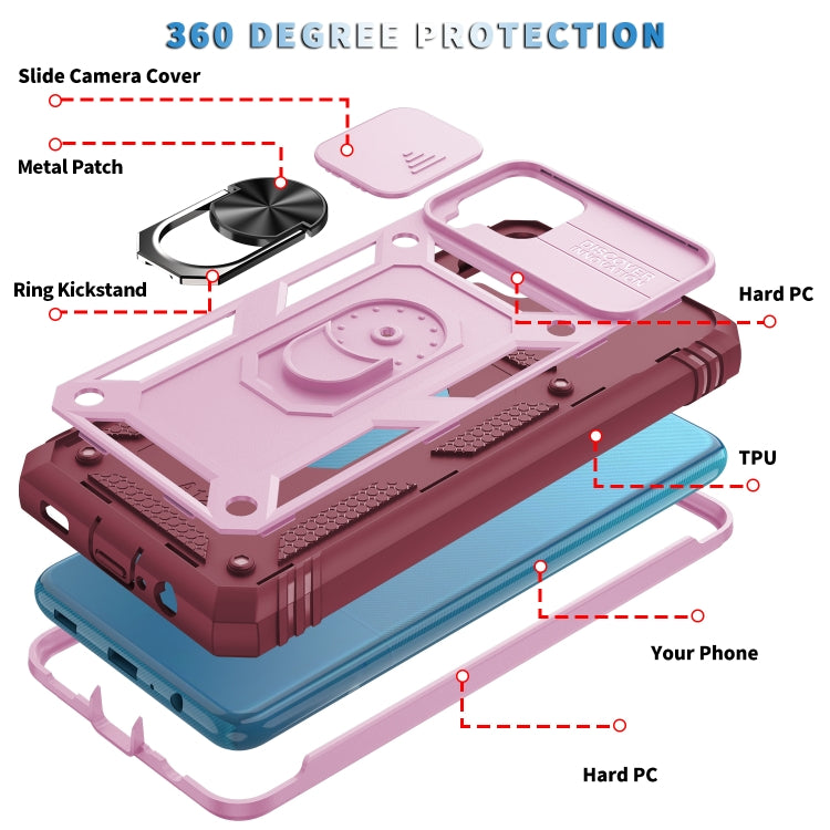 For Samsung Galaxy A12 Sliding Camera Cover Design TPU + PC Protective Case with 360 Degree Rotating Holder & Card Slot(Pink+Dark Red) by buy2fix