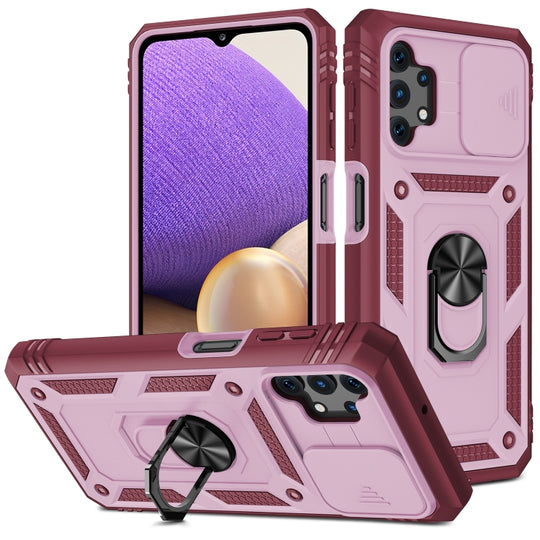 For Samsung Galaxy A32 5G Sliding Camera Cover Design TPU + PC Protective Case with 360 Degree Rotating Holder & Card Slot(Pink+Dark Red)