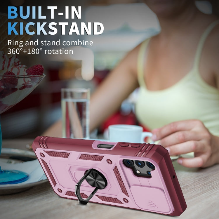 For Samsung Galaxy A32 5G Sliding Camera Cover Design TPU + PC Protective Case with 360 Degree Rotating Holder & Card Slot(Pink+Dark Red) by buy2fix