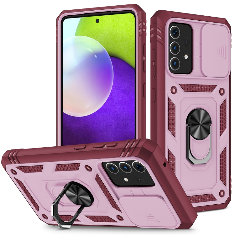 For Samsung Galaxy A52 Sliding Camera Cover Design TPU + PC Protective Case with 360 Degree Rotating Holder & Card Slot(Pink+Dark Red) by buy2fix