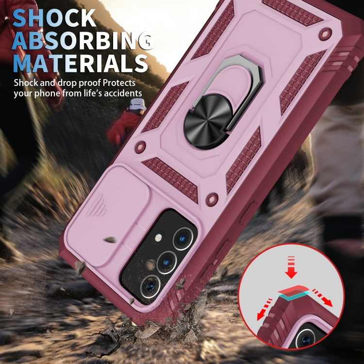 For Samsung Galaxy A52 Sliding Camera Cover Design TPU + PC Protective Case with 360 Degree Rotating Holder & Card Slot(Pink+Dark Red) by buy2fix
