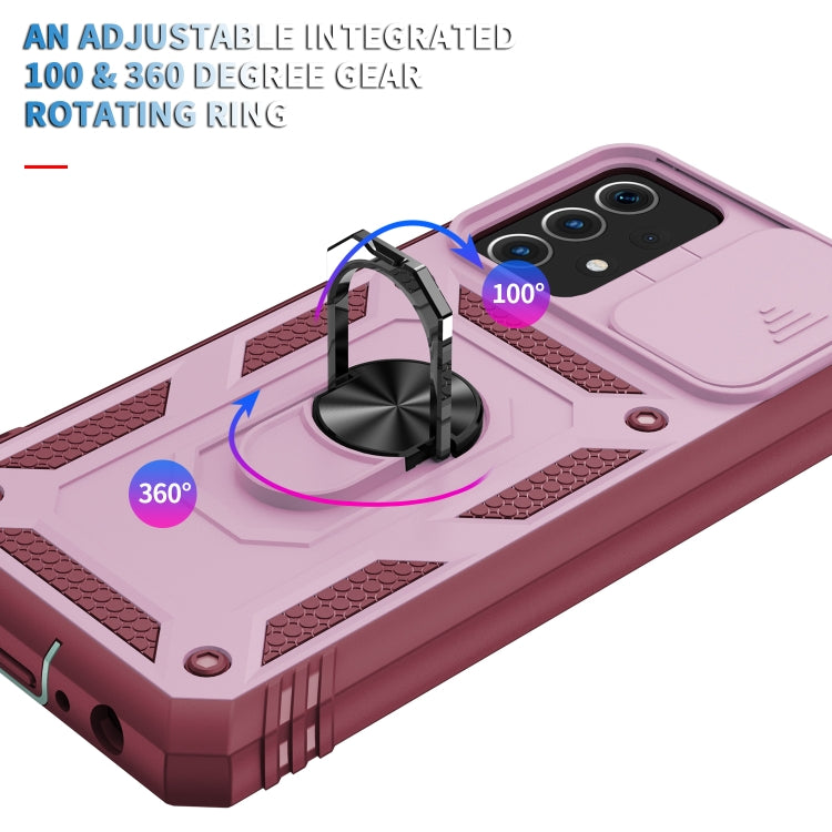 For Samsung Galaxy A52 Sliding Camera Cover Design TPU + PC Protective Case with 360 Degree Rotating Holder & Card Slot(Pink+Dark Red) by buy2fix