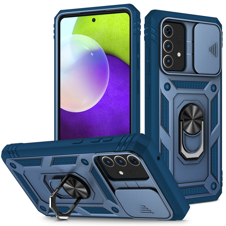 For Samsung Galaxy A52 Sliding Camera Cover Design TPU + PC Protective Case with 360 Degree Rotating Holder & Card Slot(Blue+Blue) by buy2fix