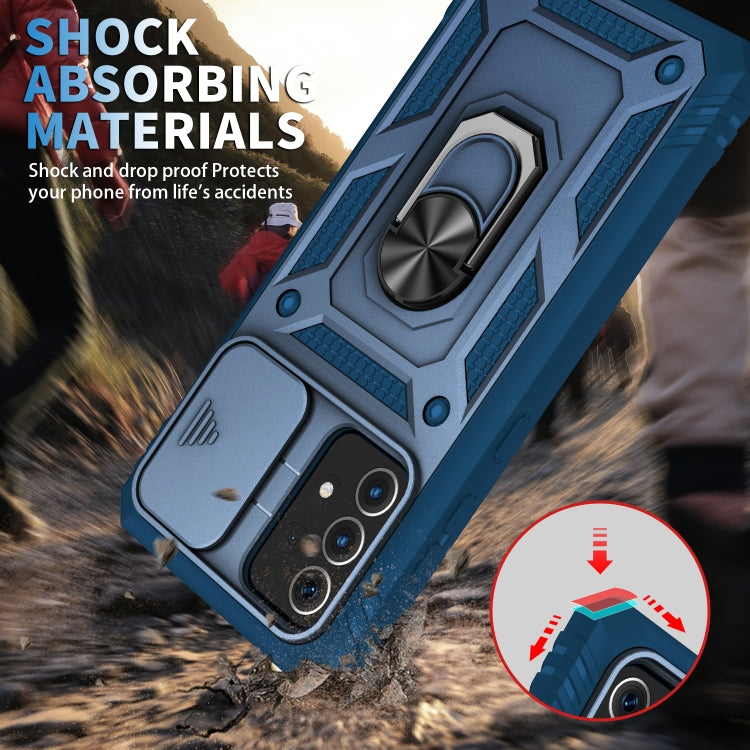 For Samsung Galaxy A52 Sliding Camera Cover Design TPU + PC Protective Case with 360 Degree Rotating Holder & Card Slot(Blue+Blue) by buy2fix