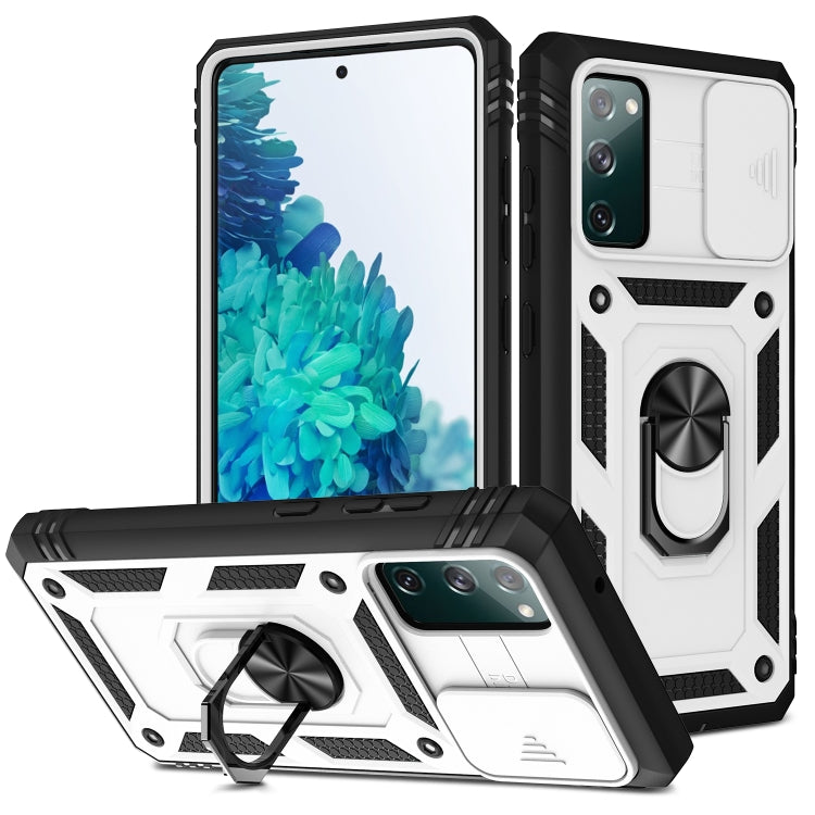 For Samsung Galaxy S20 FE Sliding Camera Cover Design TPU + PC Protective Case with 360 Degree Rotating Holder & Card Slot(White+Black) by buy2fix