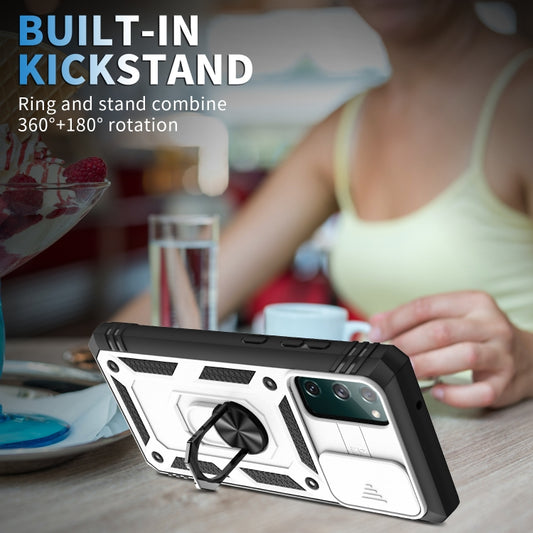 For Samsung Galaxy S20 FE Sliding Camera Cover Design TPU + PC Protective Case with 360 Degree Rotating Holder & Card Slot(White+Black) by buy2fix