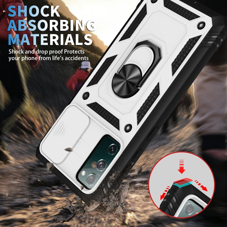 For Samsung Galaxy S20 FE Sliding Camera Cover Design TPU + PC Protective Case with 360 Degree Rotating Holder & Card Slot(White+Black) by buy2fix