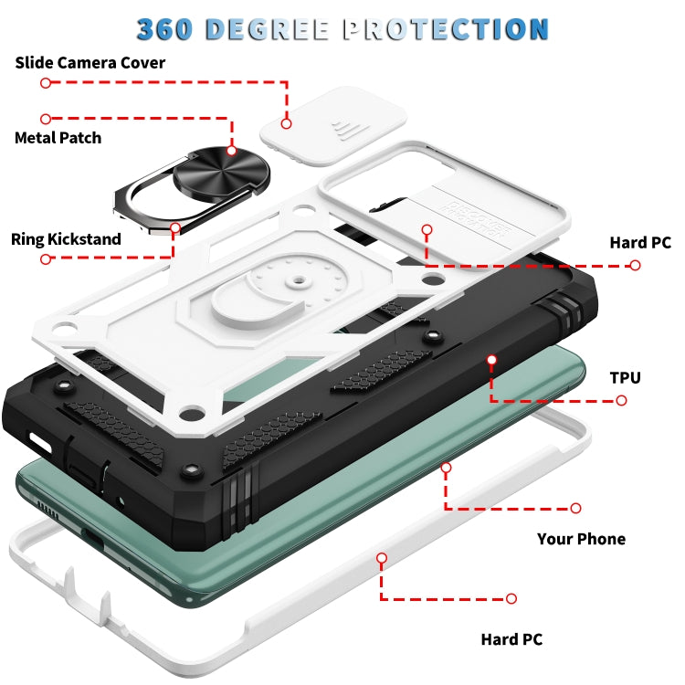 For Samsung Galaxy S20 FE Sliding Camera Cover Design TPU + PC Protective Case with 360 Degree Rotating Holder & Card Slot(White+Black) by buy2fix