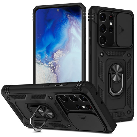 For Samsung Galaxy S21 Ultra 5G Sliding Camera Cover Design TPU + PC Protective Case with 360 Degree Rotating Holder & Card Slot(Black+Black)