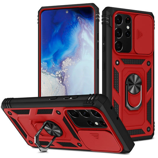 For Samsung Galaxy S21 Ultra 5G Sliding Camera Cover Design TPU + PC Protective Case with 360 Degree Rotating Holder & Card Slot(Red+Black) - Galaxy S21 Ultra 5G Cases by buy2fix | Online Shopping UK | buy2fix