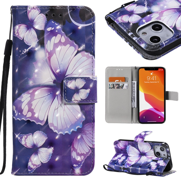 For iPhone 13 mini 3D Painted Pattern Horizontal Flip Leather Case with Holder & Card Slots & Wallet (Purple Butterfly) - iPhone 13 mini Cases by buy2fix | Online Shopping UK | buy2fix