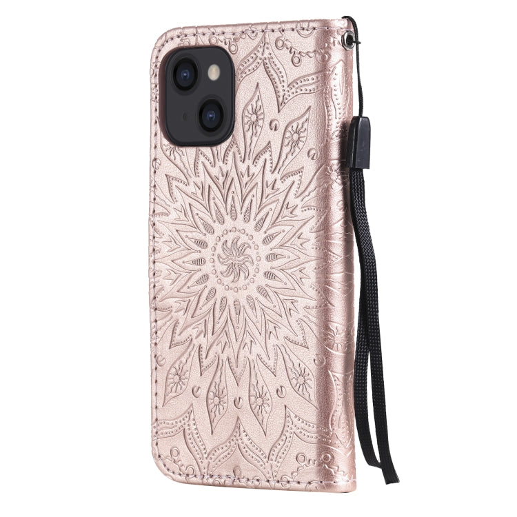 For iPhone 13 Pressed Printing Sunflower Pattern Horizontal Flip PU Leather Case Holder & Card Slots & Wallet & Lanyard(Rose Gold) - iPhone 13 Cases by buy2fix | Online Shopping UK | buy2fix