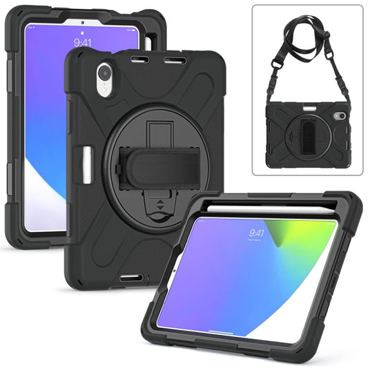 For iPad mini 6 / mini 2024 Silicone Hybrid PC Tablet Case with Grip Holder & Shoulder Strap(Black) by buy2fix