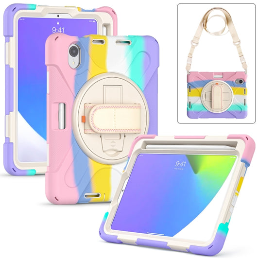 For iPad mini 6 / mini 2024 Silicone Hybrid PC Tablet Case with Grip Holder & Shoulder Strap(Colorful Pink) by buy2fix
