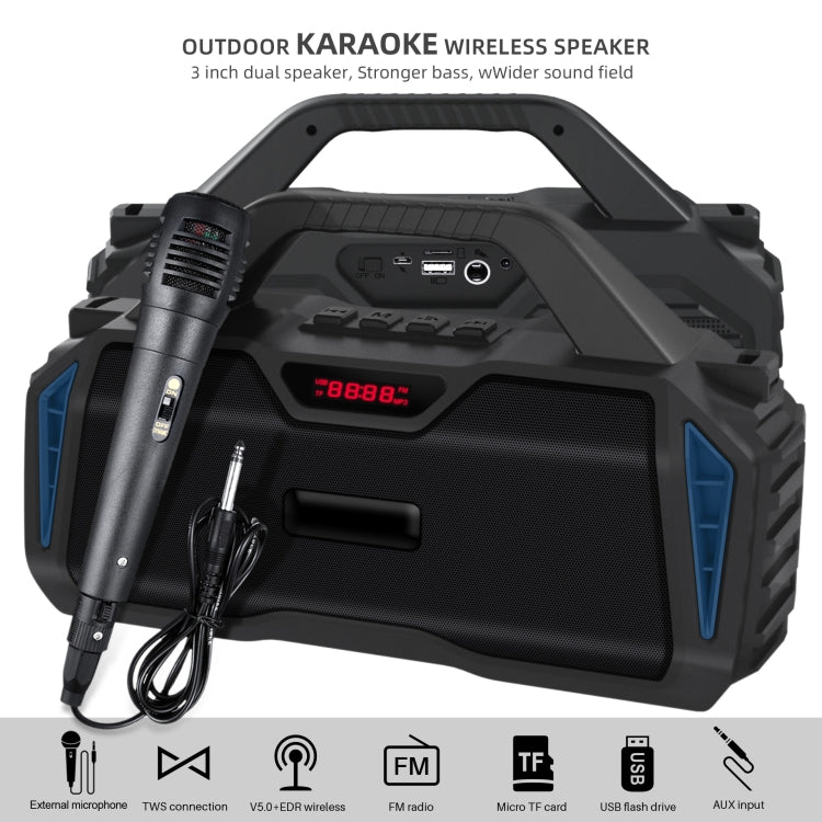 New Rixing NR-6011M Bluetooth 5.0 Portable Outdoor Karaoke Wireless Bluetooth Speaker with Microphone & Shoulder Strap(Blue) - Desktop Speaker by NewRixing | Online Shopping UK | buy2fix