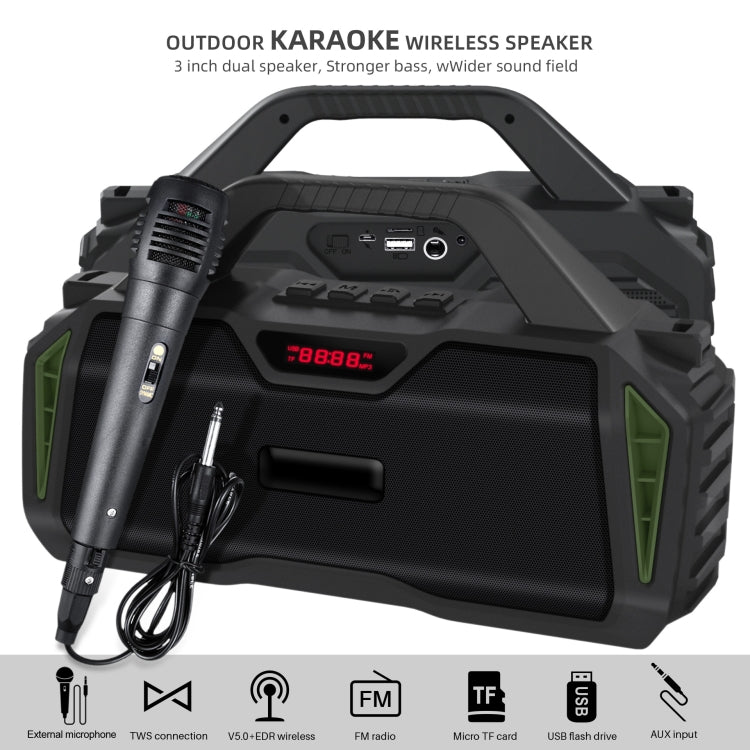 New Rixing NR-6011M Bluetooth 5.0 Portable Outdoor Karaoke Wireless Bluetooth Speaker with Microphone & Shoulder Strap(Green) - Desktop Speaker by NewRixing | Online Shopping UK | buy2fix
