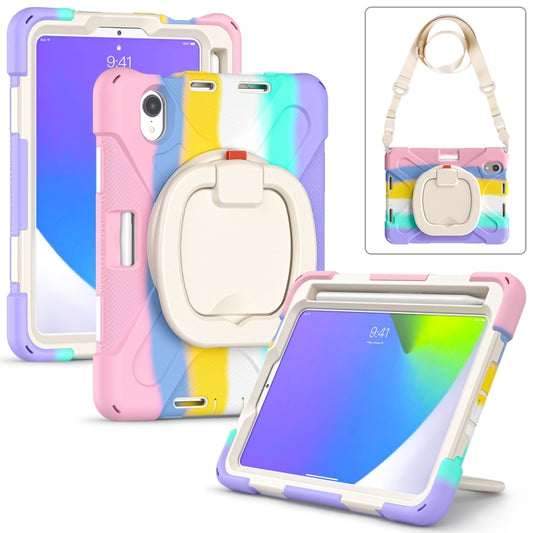 For iPad mini 6 / mini 2024 Heavy Duty Silicone Hybrid PC Tablet Case with Holder & Shoulder Strap(Colorful Pink) by buy2fix
