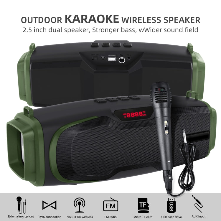 New Rixing NR-6012M Bluetooth 5.0 Portable Outdoor Karaoke Wireless Bluetooth Speaker with Microphone & Shoulder Strap(Green) - Desktop Speaker by NewRixing | Online Shopping UK | buy2fix