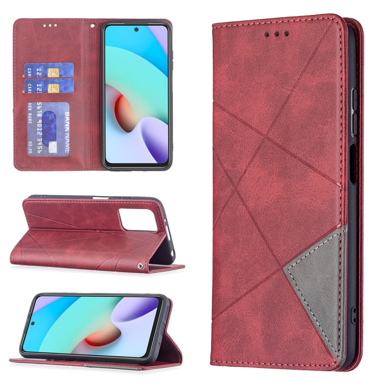 For Xiaomi Redmi 10 Rhombus Texture Horizontal Flip Magnetic Leather Case with Holder & Card Slots(Red) by buy2fix