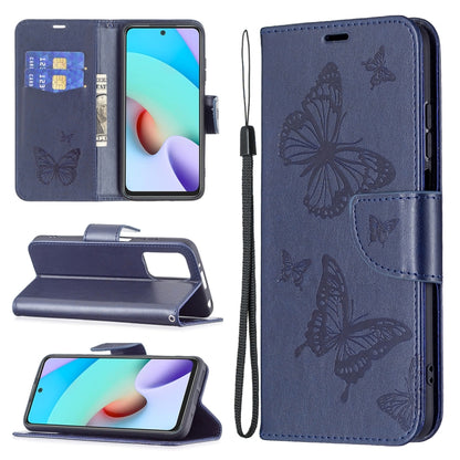 For Xiaomi Redmi 10 Two Butterflies Embossing Pattern Horizontal Flip Leather Case with Holder & Card Slot & Wallet & Lanyard(Dark Blue) - Xiaomi Cases by buy2fix | Online Shopping UK | buy2fix