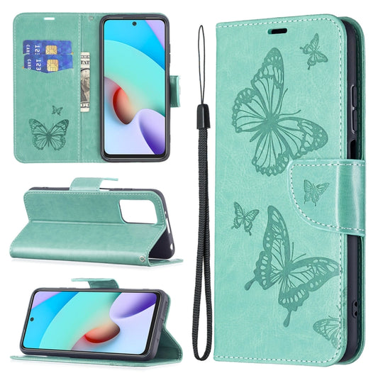 For Xiaomi Redmi 10 Two Butterflies Embossing Pattern Horizontal Flip Leather Case with Holder & Card Slot & Wallet & Lanyard(Green) - Xiaomi Cases by buy2fix | Online Shopping UK | buy2fix