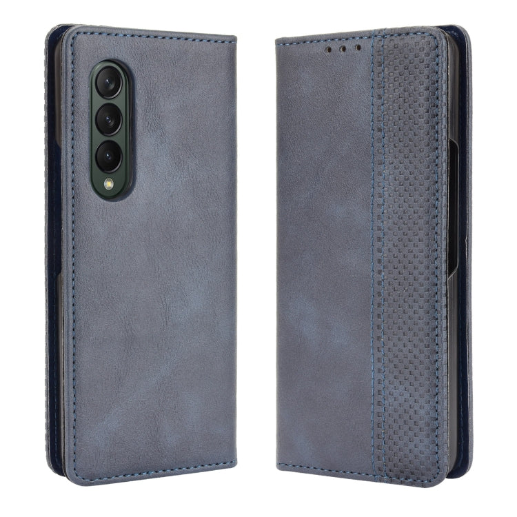 For Samsung Galaxy Z Fold3 5G Magnetic Buckle Retro Pattern Horizontal Flip Leather Case with Holder & Card Slot & Wallet(Blue) by buy2fix