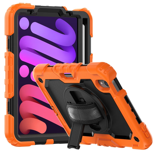 For iPad mini 2024 / mini 6 Shockproof Silicone + PC Protective Tablet Case with Holder & Shoulder Strap & Pen Slot(Black + Orange)