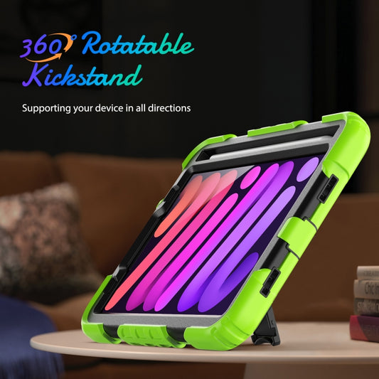 For iPad mini 2024 / mini 6 Shockproof Silicone + PC Protective Tablet Case with Holder & Shoulder Strap & Pen Slot(Black + Yellow Green) by buy2fix