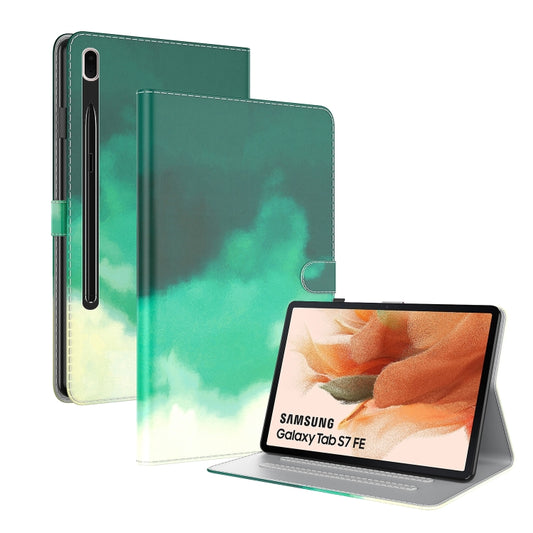 For Samsung Galaxy Tab S7 FE 12.4 inch 2021 T730 / T736 Voltage Watercolor Pattern Skin Feel Magnetic Horizontal Flip PU Leather Case with Holder & Card Slots & Photo Frame(Cyan Green) by buy2fix