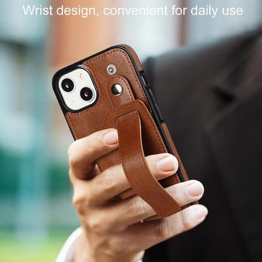 For iPhone 13 Crazy Horse Texture Shockproof TPU + PU Leather Case with Card Slot & Wrist Strap Holder(Brown) by buy2fix