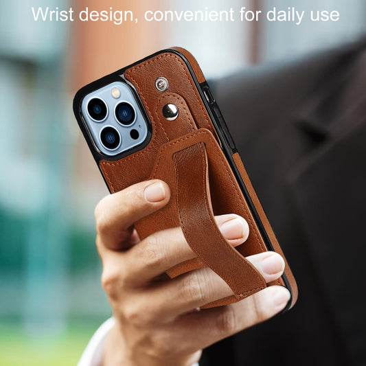 For iPhone 13 Pro Crazy Horse Texture Shockproof TPU + PU Leather Case with Card Slot & Wrist Strap Holder (Brown) by buy2fix