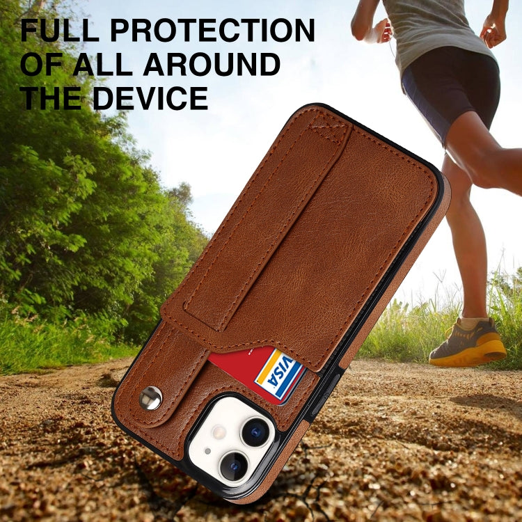 For iPhone 12 mini Crazy Horse Texture Shockproof TPU + PU Leather Case with Card Slot & Wrist Strap Holder (Brown) - iPhone 12 mini Cases by buy2fix | Online Shopping UK | buy2fix