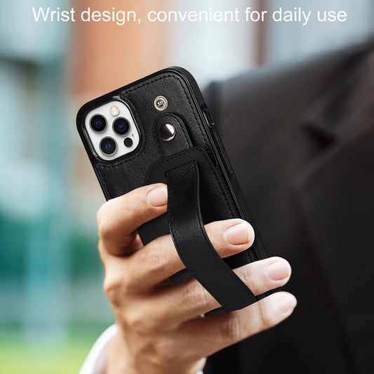 For iPhone 12 / 12 Pro Crazy Horse Texture Shockproof TPU + PU Leather Case with Card Slot & Wrist Strap Holder(Black) by buy2fix