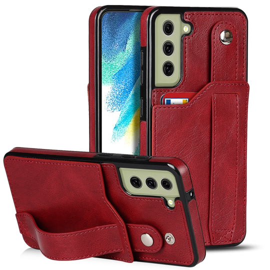 For Samsung Galaxy S21 FE Crazy Horse Texture Shockproof TPU + PU Leather Case with Card Slot & Wrist Strap Holder(Red)