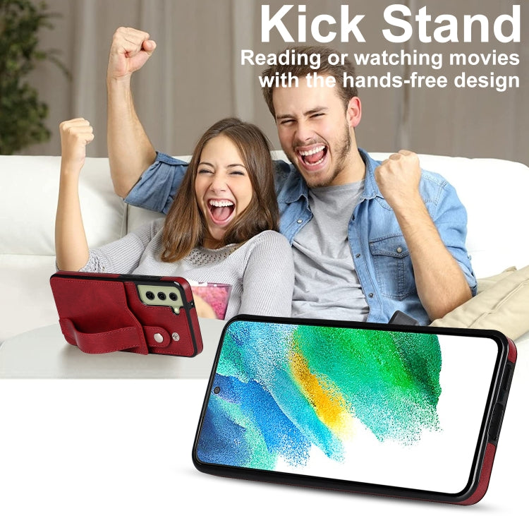 For Samsung Galaxy S21 FE Crazy Horse Texture Shockproof TPU + PU Leather Case with Card Slot & Wrist Strap Holder(Red) by buy2fix