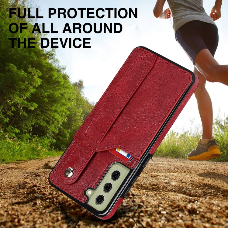For Samsung Galaxy S21 FE Crazy Horse Texture Shockproof TPU + PU Leather Case with Card Slot & Wrist Strap Holder(Red) by buy2fix