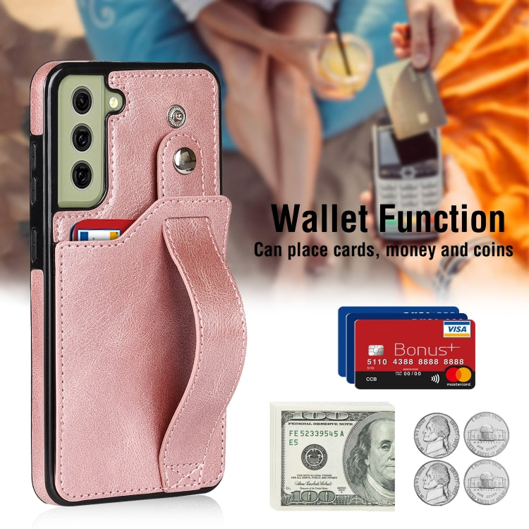 For Samsung Galaxy S21 FE Crazy Horse Texture Shockproof TPU + PU Leather Case with Card Slot & Wrist Strap Holder(Rose Gold) by buy2fix