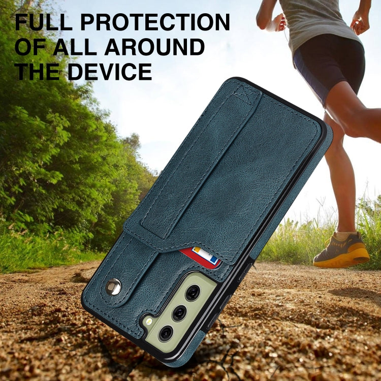 For Samsung Galaxy S21 FE Crazy Horse Texture Shockproof TPU + PU Leather Case with Card Slot & Wrist Strap Holder(Sapphire Blue) by buy2fix