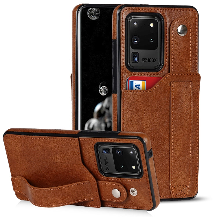 For Samsung Galaxy S20 Ultra Crazy Horse Texture Shockproof TPU + PU Leather Case with Card Slot & Wrist Strap Holder(Brown) by buy2fix